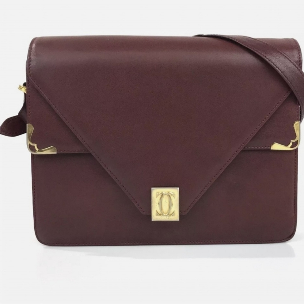 CARTIER MUST DE CARTIER CROSS BODY SHOULDER BAG PURSE BORDEAUX LEATHER 42042